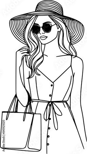 Beautiful lady with handbag, woman carrying totebag hand drawn 