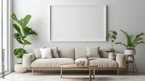 Modern Living Room Mock-up with Cozy Sofa, Wooden Table, Plants, and Blank Wall Frame. Perfect for showcasing artwork, interior design concepts, or home decor ideas