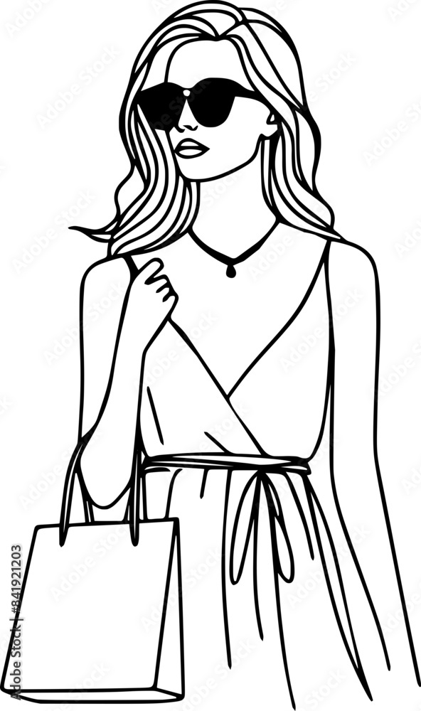 Woman wearing sunglasses with shopping bags, woman with tote bag hand drawn line Woman wearing sunglasses with shopping bags, woman with tote bag hand drawn line
