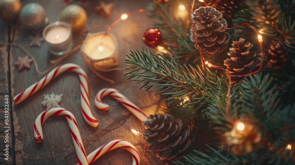 Christmas candies with winter decoration, top view background Christmas candies with winter decoration, top view background