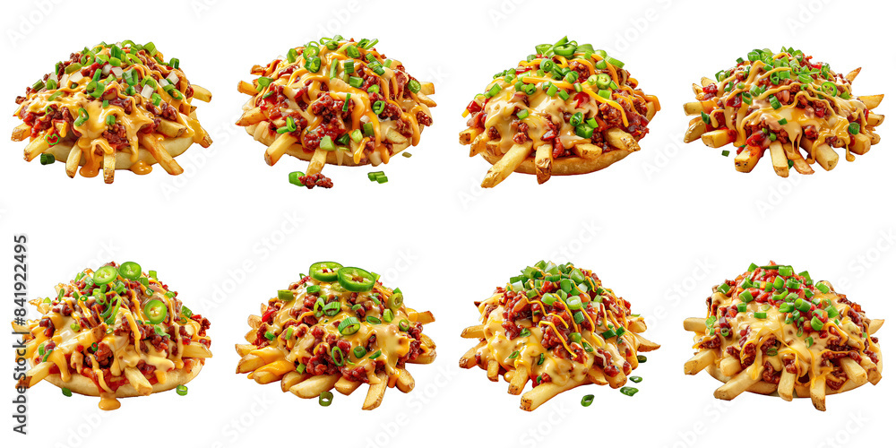 Obraz premium Set of Chili Cheese Fries With Green Onions isolated on transparent png background. Generative ai