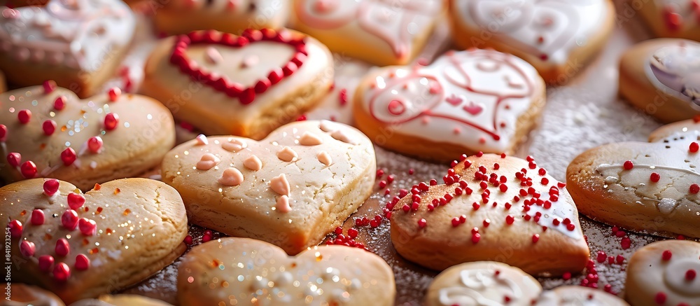 A background of freshly baked heart-shaped cookies for Valentine's Day with various decorations A background of freshly baked heart-shaped cookies for Valentine's Day with various decorations