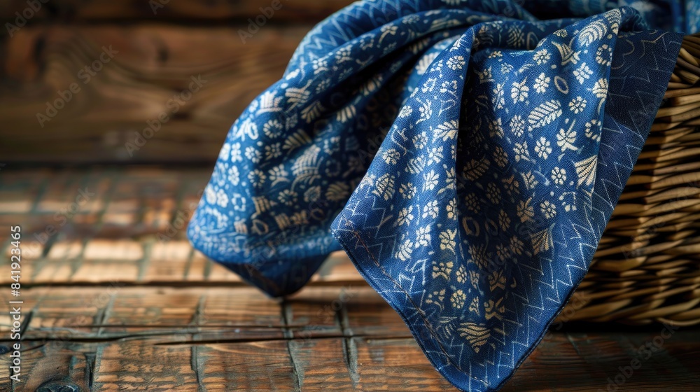 Fototapeta premium Blue patterned fabric with a side split on a wicker basket background Blue textile on a wooden surface
