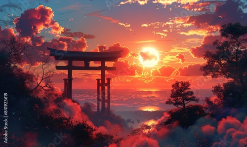 japanese torii at sunset photo