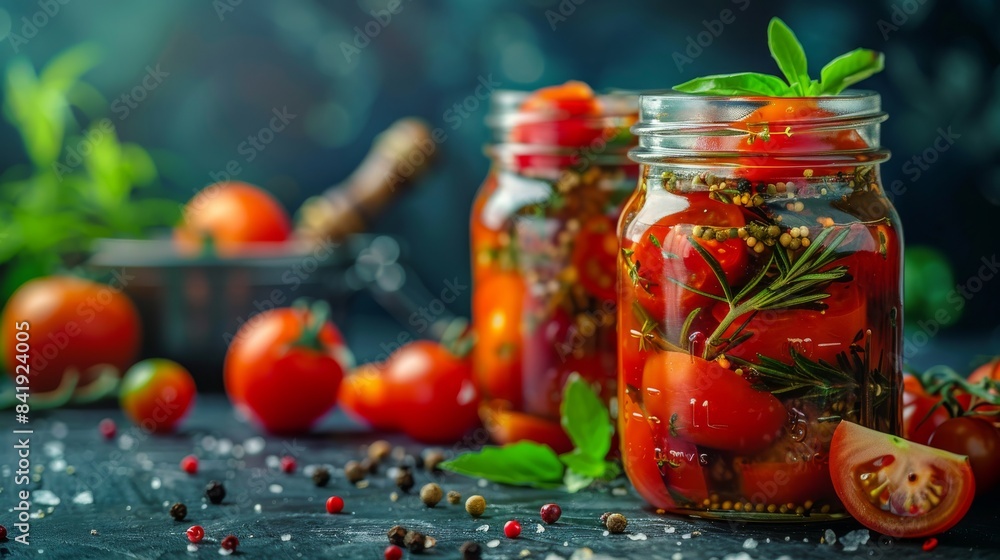 canned tomatoes in glass jar with herbs and spices on a dark background, copy space, place for text, cooking school, perfect recipe, vegetarian cooking, healthy food, healthy eating, healthy food canned tomatoes in glass jar with herbs and spices on a dark background, copy space, place for text, cooking school, perfect recipe, vegetarian cooking, healthy food, healthy eating, healthy food
