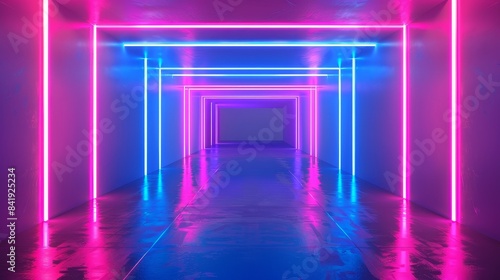 Pink blue spectrum neon light tunnel  virtual reality framed portal  abstract background  fashion show stage  glowing lines  empty space  photo realistic  isolated on white background  copy space