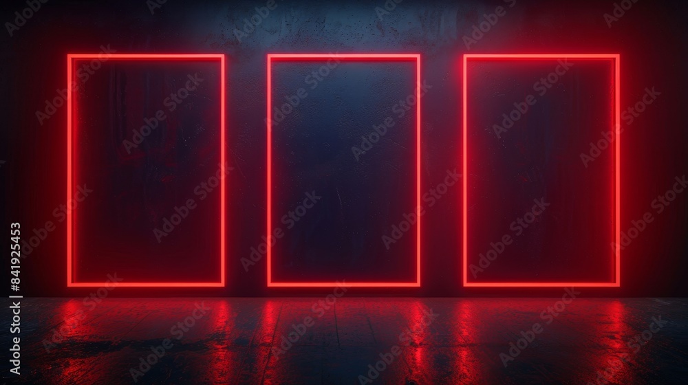 Red neon frames illuminating a dark navy background, perfect for displaying goods, film posters, and event signs in a modern setting Red neon frames illuminating a dark navy background, perfect for displaying goods, film posters, and event signs in a modern setting