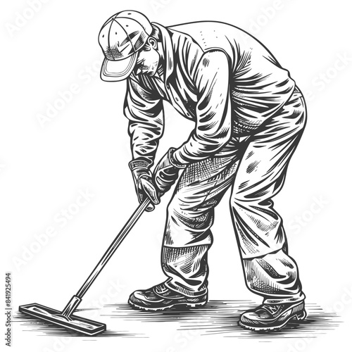 Pen Sketch: Janitor Mopping, Vintage Style Worker Cleaning.