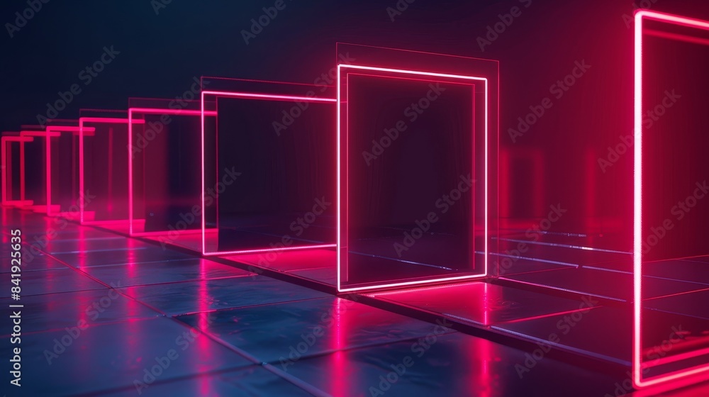 Red neon glowing frames on a dark navy background, perfect for stylish exhibitions, night club displays, and menu mock-ups Red neon glowing frames on a dark navy background, perfect for stylish exhibitions, night club displays, and menu mock-ups