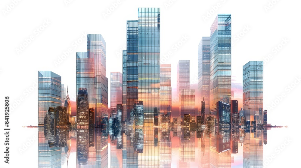 Reflective glass skyscrapers in city center at twilight, urban architectural design, photo realistic, isolated on white background, copy space
