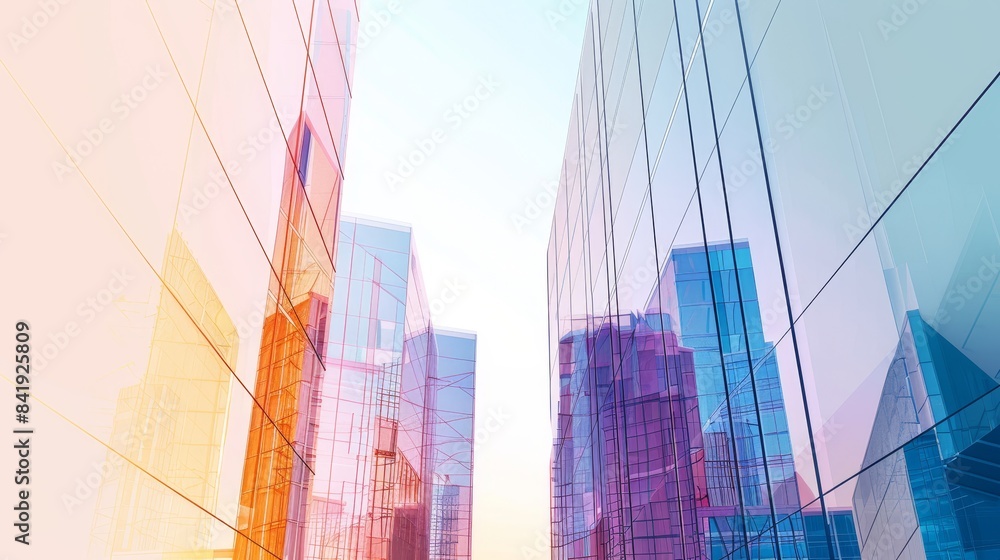 Reflective glass skyscrapers in city center at twilight, urban architectural design, photo realistic, isolated on white background, copy space Reflective glass skyscrapers in city center at twilight, urban architectural design, photo realistic, isolated on white background, copy space