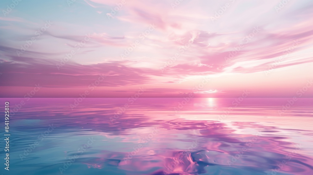 Serene pink and purple sunset over a calm ocean, reflecting pool extending to the horizon, evoking tranquility and dreaminess, minimalistic design, isolated, white background, ample copy space