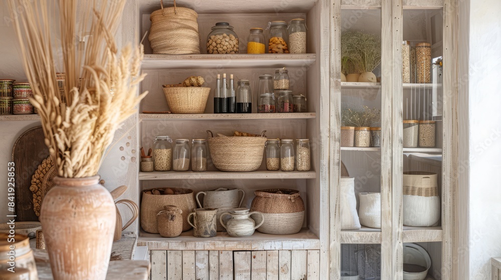 A kitchen shelves with many jars