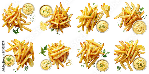 Set of French Fries With Lemon Garlic Aioli isolated on transparent png background. Generative ai