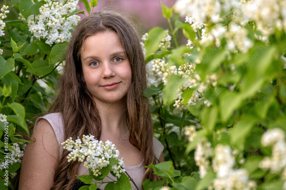 Girl in a lilac bush. Background with selective focus and copy space Girl in a lilac bush. Background with selective focus and copy space