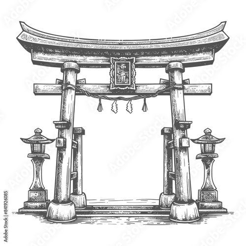 Etched Torii Gate: Shinto Shrine Entrance with Lanterns, Sketch Style.