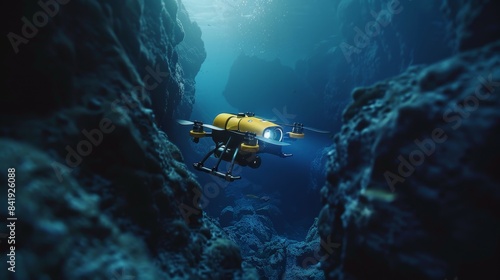 Underwater exploration drone in a deep-sea abyss, recording high-definition footage of rare marine life and geological formations, minimalist style