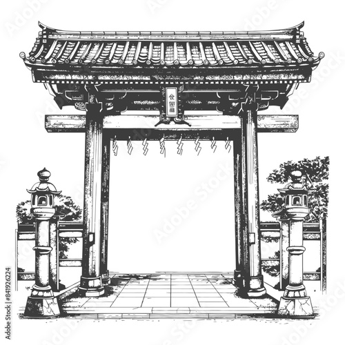 Monochrome sketch of a traditional Japanese Torii gate with stone lanterns.