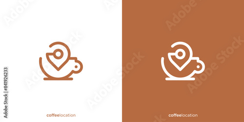 Coffee Location Logo Designs. Pin, Map, Point, Location and Coffee Mug with Line art Outline Style. Coffee Shop Logo, Icon, Symbol, Vector, Design Template.