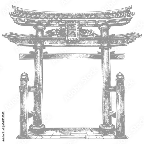 Detailed Ink Sketch of a Traditional Japanese Torii Gate with Decorative Fencing.