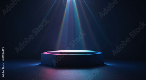 Empty navy display podium with rainbow light ray and reflections on minimal dark blue navy background, show stage pedestal for miracle, fantasy successful product curation and display, with copy space
