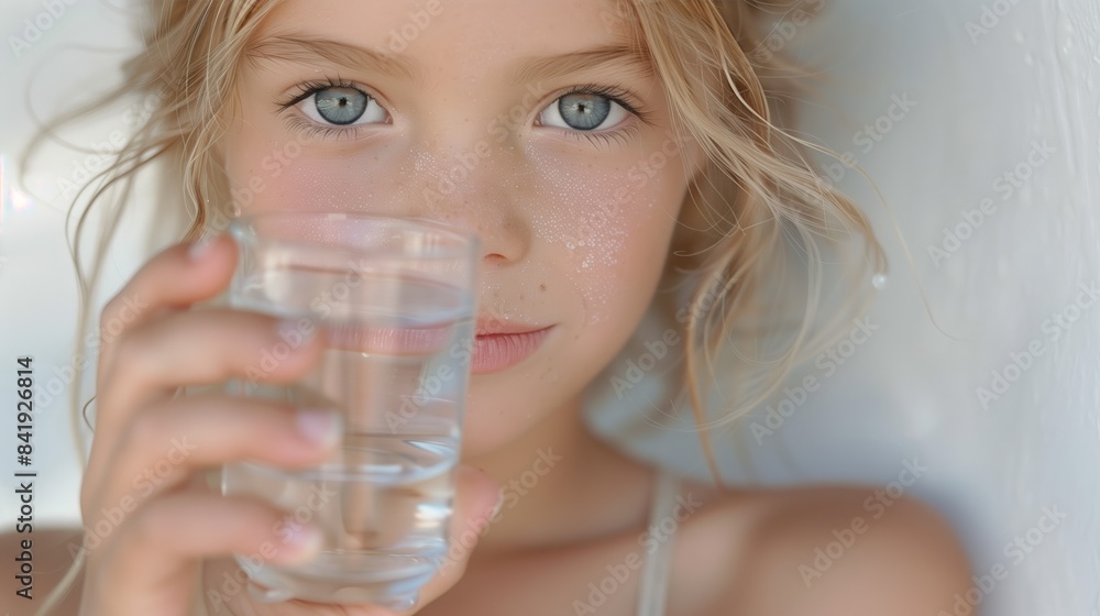 Portrait of a cheerful young white girl with freckles and curly hair holding a glass of water, smiling brightly indoors with a soft-focus background and copyspace Portrait of a cheerful young white girl with freckles and curly hair holding a glass of water, smiling brightly indoors with a soft-focus background and copyspace