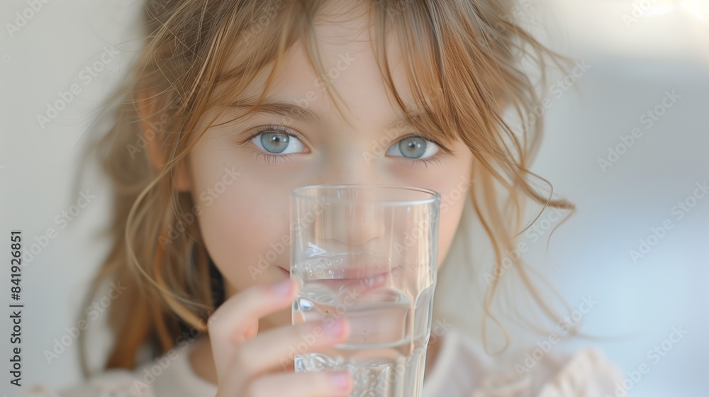 Portrait of a cheerful young white girl with freckles and curly hair holding a glass of water, smiling brightly indoors with a soft-focus background. Portrait of a cheerful young white girl with freckles and curly hair holding a glass of water, smiling brightly indoors with a soft-focus background.