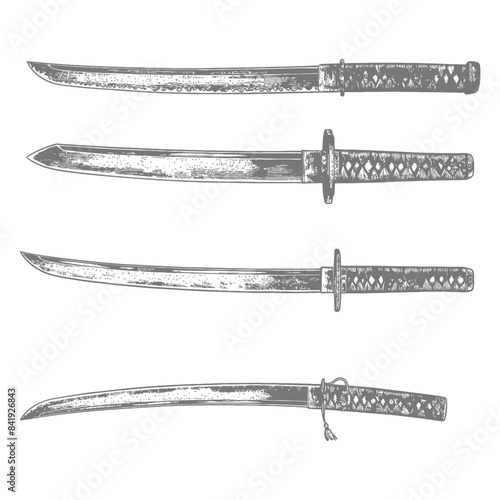 Sketched Katana Collection: Japanese Swords Set in Detailed Engraving Style.