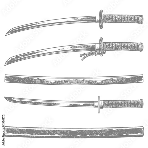 Vintage Engraving: Katana Swords Set - Japanese Samurai Weaponry Illustration.
