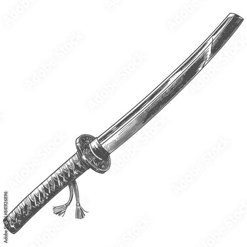 Etched Katana: Vintage Japanese Sword Illustration with Detailed Hilt and Sheath, Isolated on White.