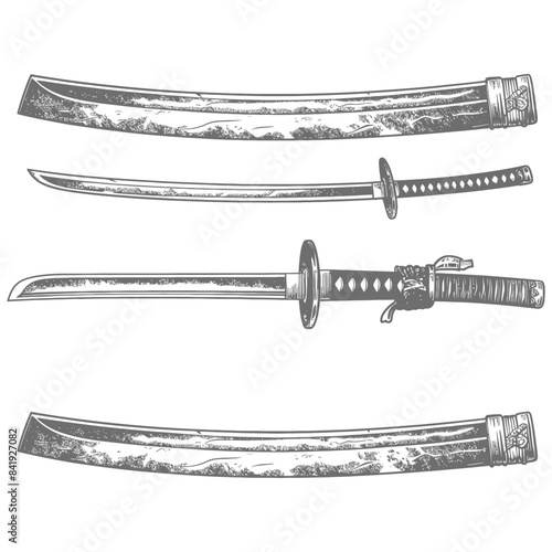 Engraved Katana and Wakizashi Set: Traditional Japanese Swords with Sheaths, Detailed Line Art