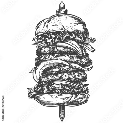 Sketched Colossus Burger: Stacked Meat, Onion, and Greens on Skewer.
