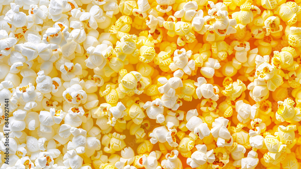 Close up of a bunch of popcorn on a yellow background. Top view of popcorn. Close up of a bunch of popcorn on a yellow background. Top view of popcorn.