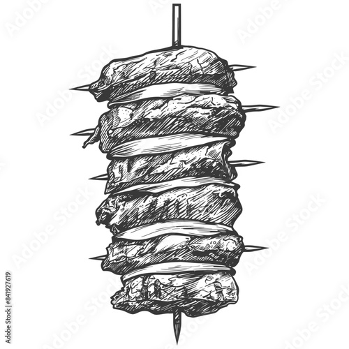 Hand-drawn shish kebab with onion slices on skewer, black and white illustration.