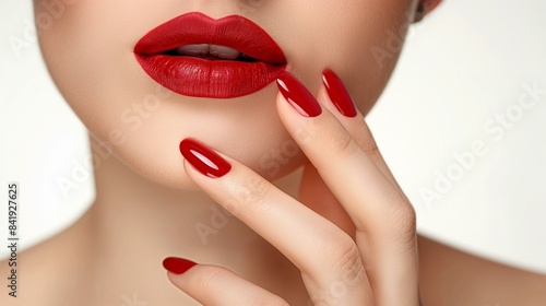 Close-up of woman with striking red lips and matching red nails  exuding elegance and sophistication.