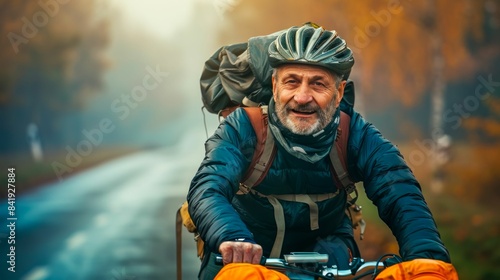 Senior Man Enjoying Cycling Adventure in Autumn. Generative ai