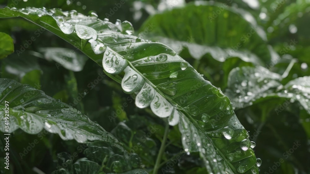 Intimate view capturing the interaction of raindrops with leaf surfaces Intimate view capturing the interaction of raindrops with leaf surfaces