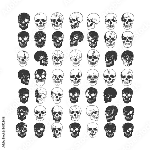 Symmetrical Grid of Stylized Skull Illustrations, Hand-Drawn Texture