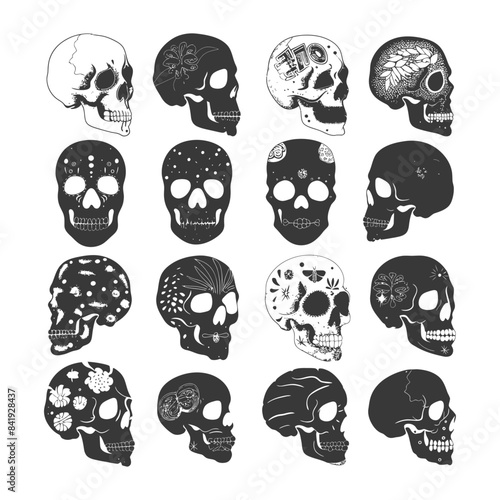 Sixteen Hand-Drawn Sugar Skulls: Dia de los Muertos Vector Collection.