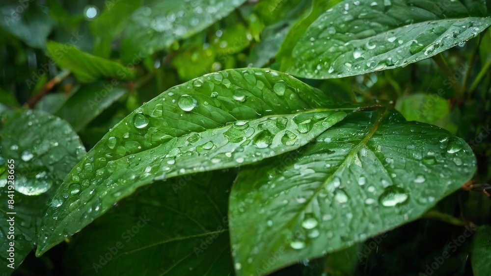 Detailed close-up of raindrops adding a touch of elegance to leaves Detailed close-up of raindrops adding a touch of elegance to leaves