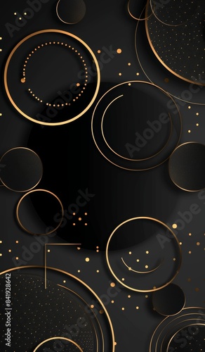Elegant black background with golden circles and dots for a luxurious and sophisticated design