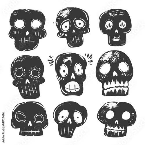 Hand-Drawn Skull Collection: Whimsical Dark Sketches on White.