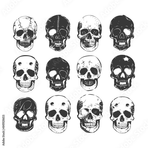 Skulls Collage: Hand-Drawn Skull Collection, Vintage Style, Varied Details, Black and White.