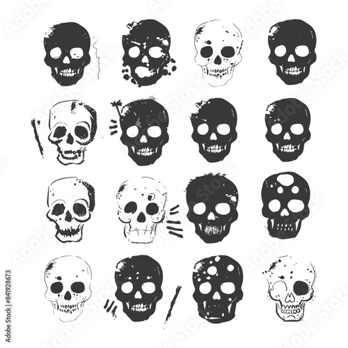 Grungy Skull Grid: Hand-Drawn, Distressed Texture, Spooky Collection