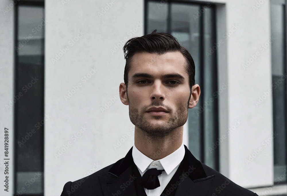 The image is a portrait of a man in a black suit and white shirt. He is looking at the camera with a serious expression on his face.
The image is a portrait of a man in a black suit and white shirt. He is looking at the camera with a serious expression on his face.