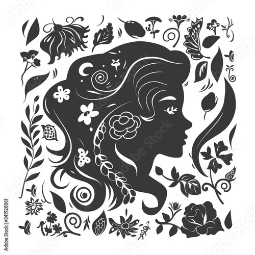 Floral Silhouette: Woman's Profile in Black and White Botanical Design