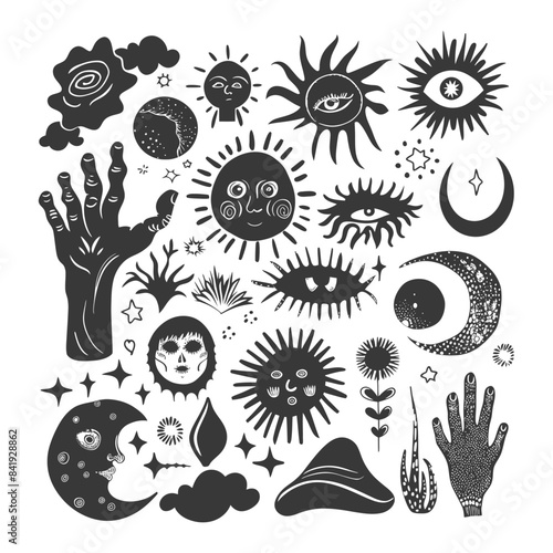 Esoteric Celestial Symbols: Hand Drawn Black & White Occult Collection
