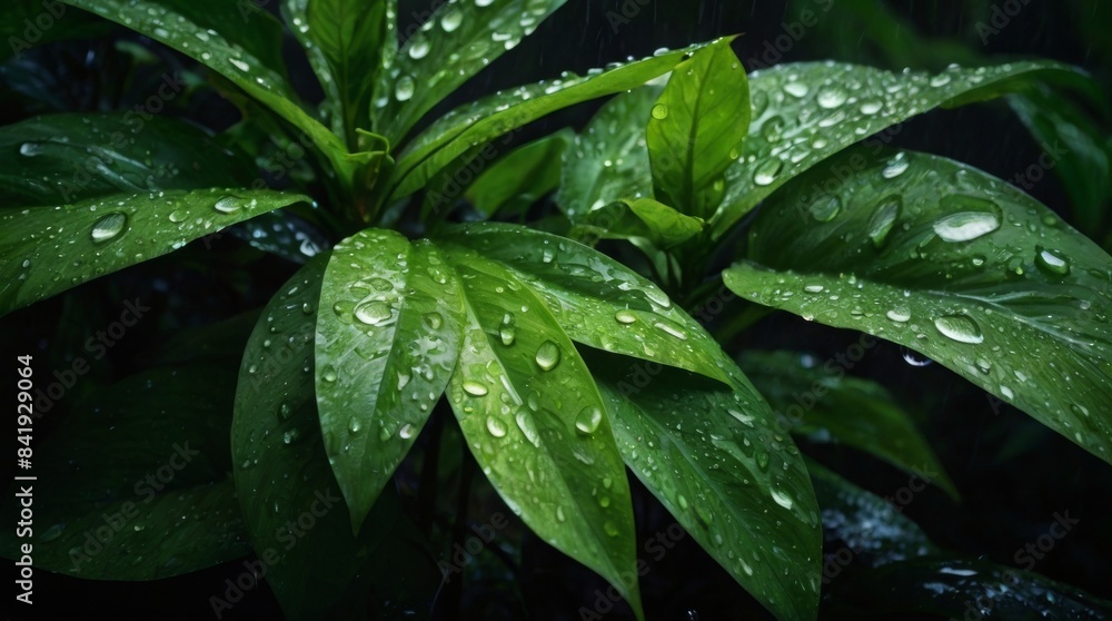Detailed macro photograph showcasing raindrops on leaf surfaces Detailed macro photograph showcasing raindrops on leaf surfaces