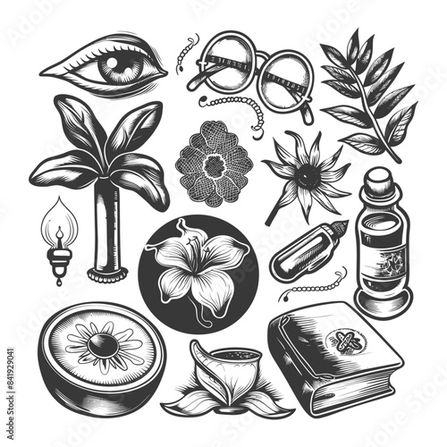 Mystical Grayscale Tattoo Set: Eye, Flowers, Glasses, Ink, Book, and Potion.
