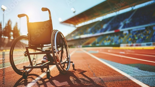 Determined disabled athlete at starting line at stadium photo